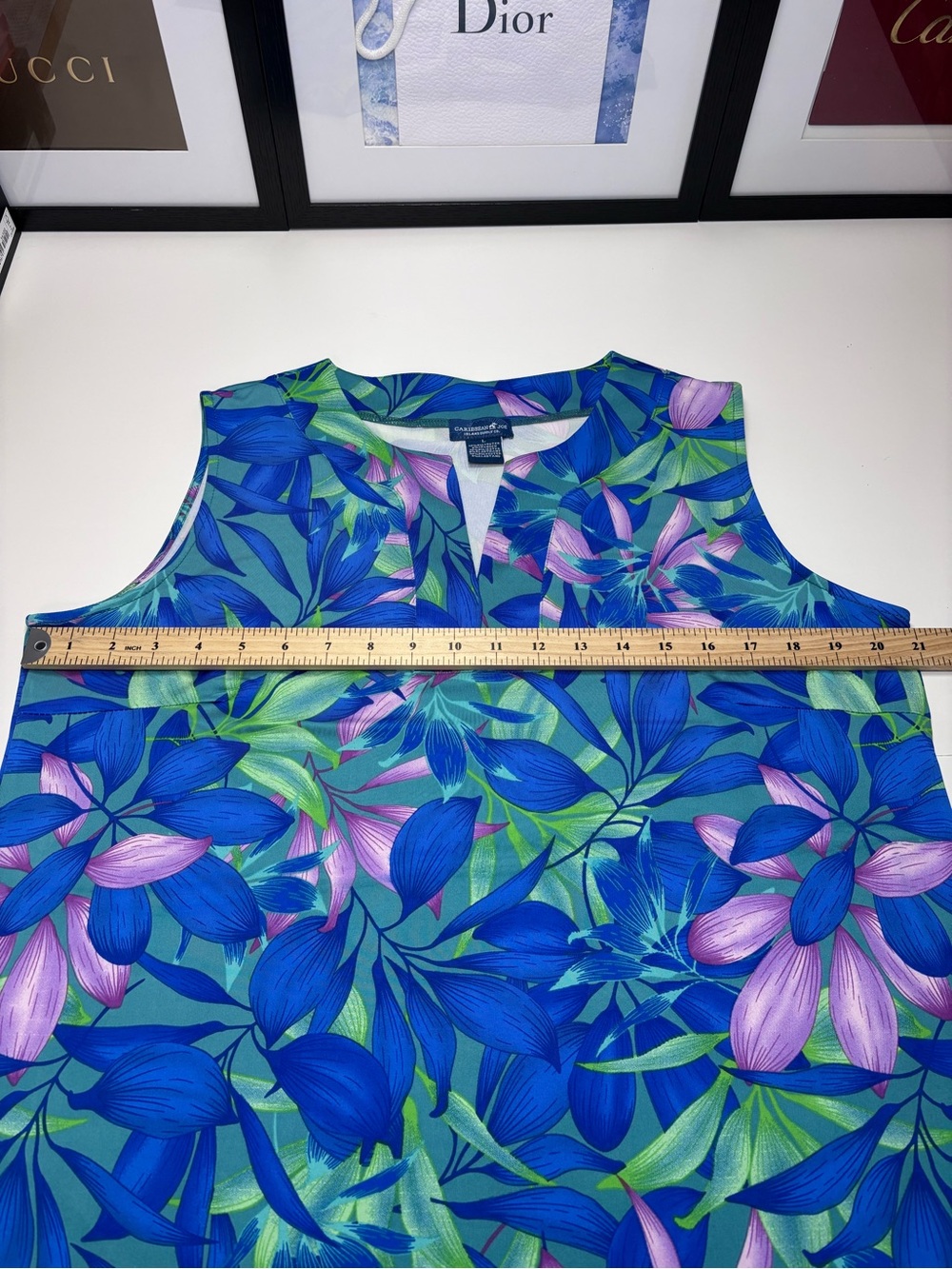 Caribbean Joe Blue Floral Sleeveless V-Neck Tank Dress Has Pockets Sz L - Picture 4 of 12